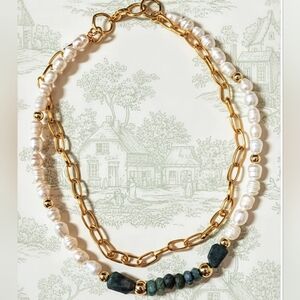 Natural Green Emerald & Freshwater Pearls In Paperclip Necklace And Bracelet